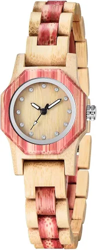 Vista 7 de Reloj de madera para mujer con correa de madera de cuarzo, analógico, colorido, relojes de madera de bambú para mujer, BS-WM01-MADERA
