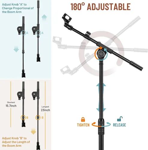 Vista 7 de CAHAYA Soporte de micrófono trípode de doble uso con brazo extensible y pie para micrófono portátil con bolsa de transporte y 2 clips para micrófono
