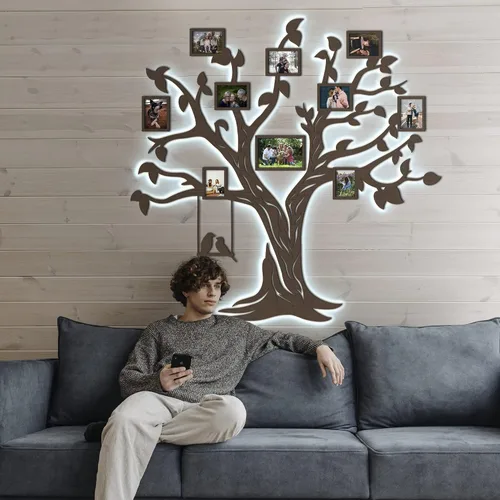 Vista 8 de JustLikeWood Calcomanías de pared de árbol genealógico de madera 3D LED de 83 x 79 pulgadas con marco, decoración de pared para sala de estar Nogal