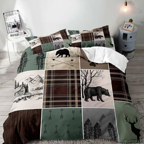 Vista 15 de LUVIVIHOME Juego de funda de edredón de 2 piezas, diseño de oso y alce, ciervo, ciervo, ropa de cama de cabaña, ropa de cama rústica de granja