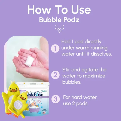 Vista 2 de TruKid Lavender Bubble Podz, juego de crema para bebés y guantes de burbujas, paquete relajante de baño y cuidado de la piel para niños