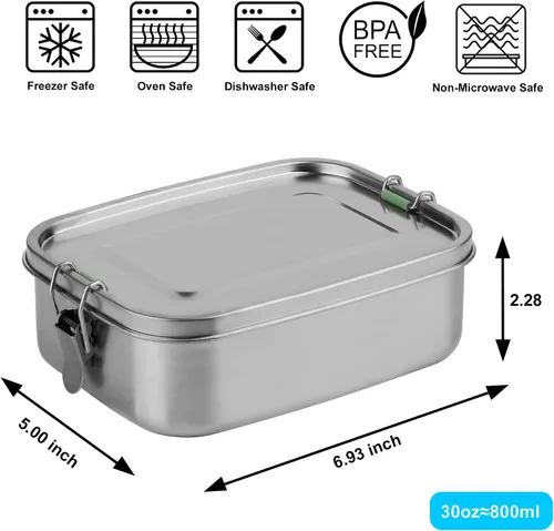 Vista 3 de Arora Lonchera Bento de acero inoxidable – 27.1 fl oz con divisor, 2 compartimentos, recipiente de alimentos ecológico y reciclable, a prueba