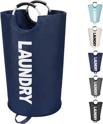 Vista 10 de Maxsilan - Cesta de lavandería grande de 90 L, cesta de ropa alta independiente, bolsa de lavandería plegable, color beige
