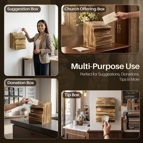 Vista 8 de Flexzion Caja de sugerencias de madera con cerradura de llave, montada en la pared o de pie con cerradura de boleta de oración con cerradura