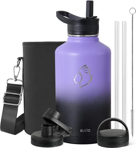 Vista 36 de BUZIO Botella de agua de 32 onzas aislada con popote y 3 tapas y bolsa de transporte, a prueba de fugas, frasco jarra de agua de acero inoxidable
