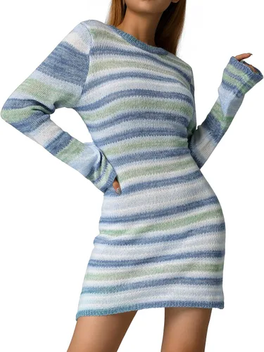 Vista 7 de Fabumily - Vestido mini de punto y ganchillo para mujer, manga larga, colorido, de malla, cubrecosturas casuales, suéter de playa de verano blanco