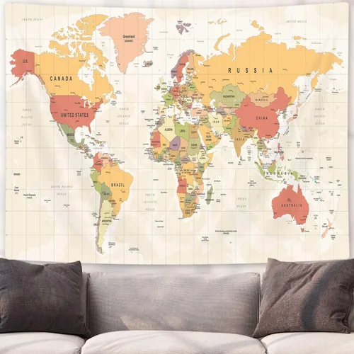 Vista 7 de ICTEISOM Tapiz de mapa del mundo para niños estudiantes, mapa del mundo con países y ciudades principales, tapiz de arte de pared póster tapices