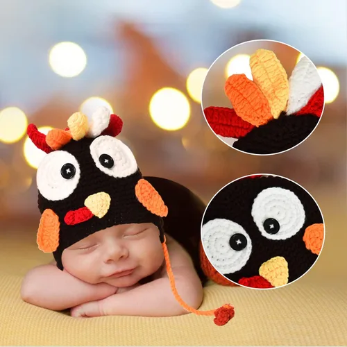 Vista 2 de JETEHO Sombrero de pavo para bebé para Acción de Gracias sombrero de pavo de punto traje de pavo para bebé niño y niña disfraz de Acción de Gracias