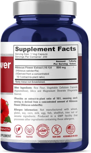 Vista 3 de NusaPure Cápsulas de flores de hibisco, 500 mg, 200 cápsulas vegetales (sin OMG, veganas)