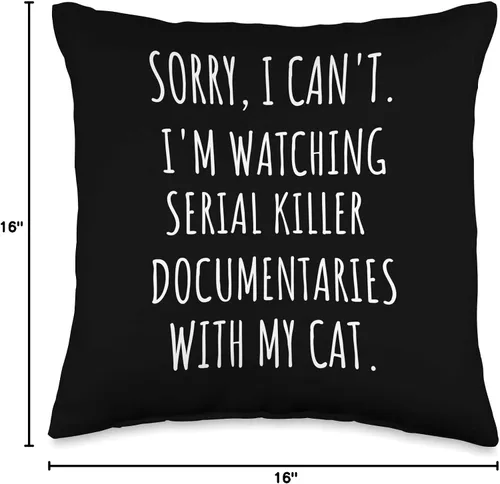 Vista 4 de Crazy Cat Lady and True Crime Fan Gift Serial Killer Documentaries with My Cat True Crime - Almohada de regalo, 16 x 16 pulgadas, multicolor