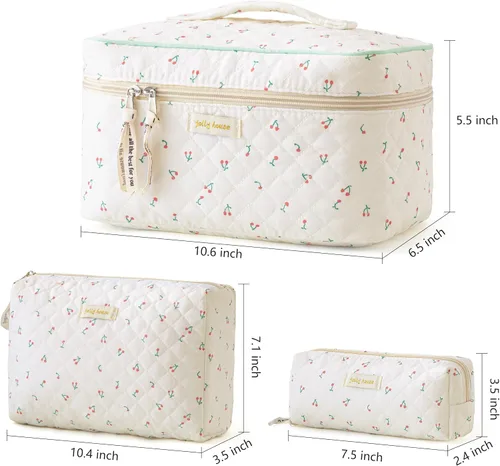 Vista 6 de HBselect Bolsa de Maquillaje Acolchada, 3 Piezas de Gran Bolsa de Maquillaje de Viaje de Algodón, Linda Bolsa de Maquillaje Floral Coquette, Bolsa