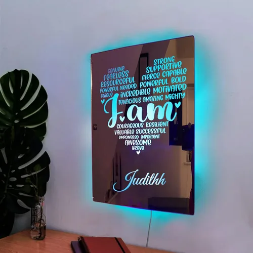 Vista 3 de Espejo de afirmaciones positivas fuertes con nombre personalizado "I AM Strong Positive Affirmations Mirror con luces LED, espejo de pared