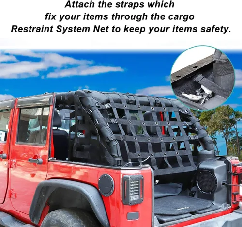 Vista 3 de MFC Red de retención de carga negra para senderos compatible con Jeep Wrangler JK 2007-2018 de 4 puertas