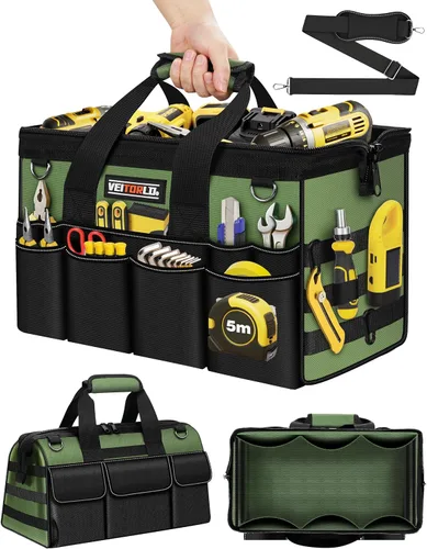 Vista 10 de Bolsa de herramientas resistente de 18 pulgadas, organizador de caja de herramientas de 19 bolsillos, bolsa de herramientas portátil con asa suave