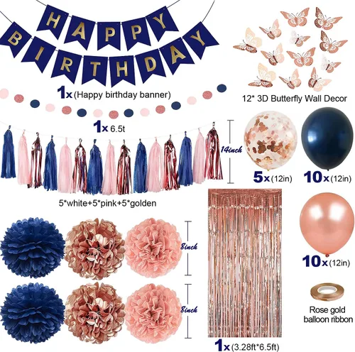 Vista 3 de Pugkloy Decoraciones de fiesta de cumpleaños de oro rosa y azul marino con pancarta de feliz cumpleaños, cortinas, pared de mariposa, guirnalda