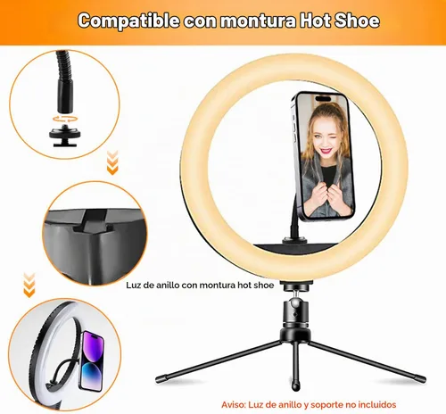 Vista 4 de Soporte de teléfono con anillo de luz, fuerte soporte magnético para anillo de luz y trípode, adaptador flexible de montaje de trípode