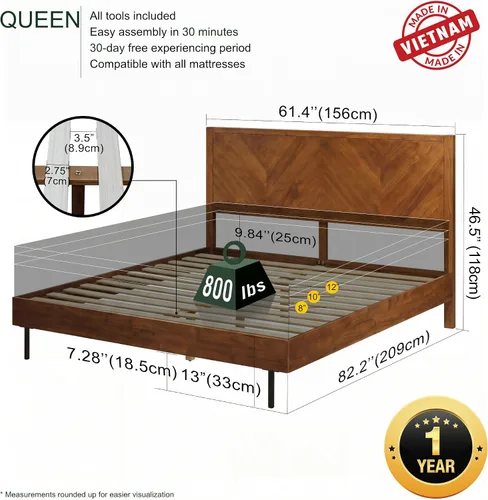 Vista 2 de Acacia Alander - Marco de cama de madera maciza con cabecera de cheurón Caramelo.