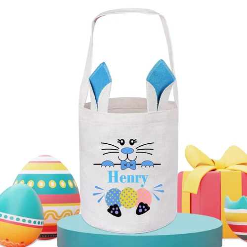 Vista 6 de Touber Cesta de Pascua, canastas de Pascua de algodón personalizadas para niñas y niños, rectangular, cestas de caza de huevos de Pascua con orejas