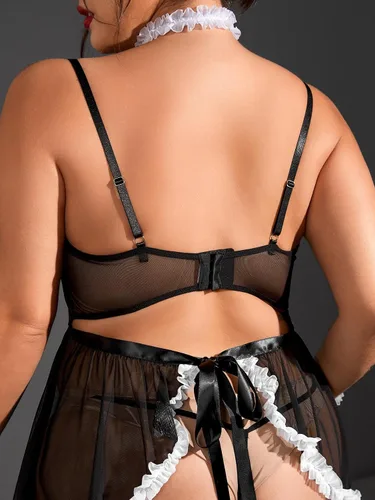 Vista 2 de WDIRARA Conjunto de 5 piezas de malla para mujer, talla grande, con ribete de encaje, lencería, vestido de cosplay