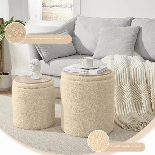 Vista 6 de Royal Windsor Boucle - Juego de 2 otomanas redondas con almacenamiento, taburete pequeño para sala de estar, mesa de centro pequeña, taburete