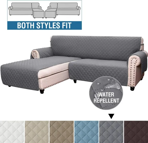 Vista 4 de Funda protectora acolchada reversible para muebles en forma de L, funda impermeable para sofá modular de 3 plazas, con correas elásticas para perros
