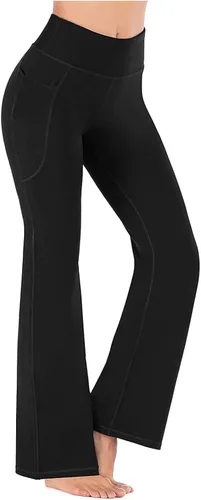 Vista 2 de Pantalones de yoga acampanados para mujer, corte de bota con bolsillos, cintura alta, pierna ancha, control de abdomen, pantalones suaves