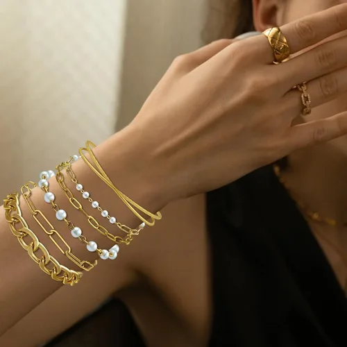 Vista 6 de OUUKP Gold Bracelets for Women,14K Real Gold Plated Jewelry Sets Tennis Cuff for Women Trendy Dainty Stackable Cuban Paperclip Chain Beaded Pearl