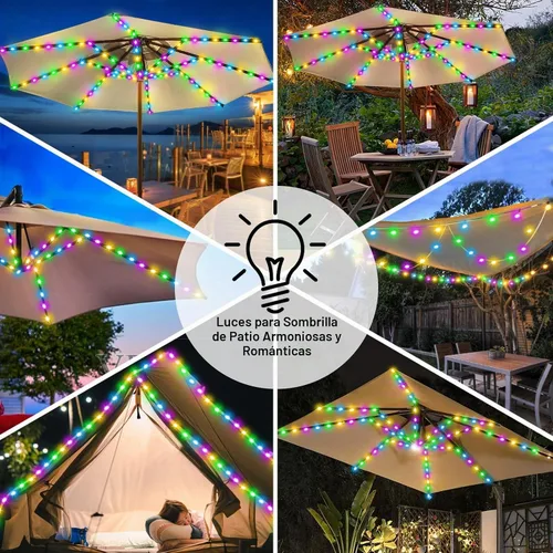 Vista 4 de luces de sombrilla solar, 8 hebras de luces de sombrilla para patio al aire libre con 8 modos, panel solar de 3V, clip con 112 LED, luces al aire