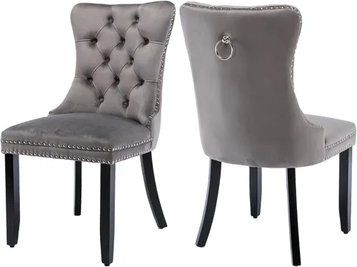 Vista 82 de Juego de 2 sillas de comedor de terciopelo, silla de comedor tapizada de alta gama con tirador de anillo en la espalda, adorno de clavos y patas