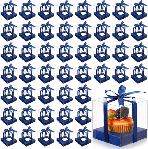 Vista 15 de Thenshop 50 cajas transparentes para cupcakes individuales de 3.5 pulgadas, cajas individuales de plástico para cupcakes con insertos y cinta