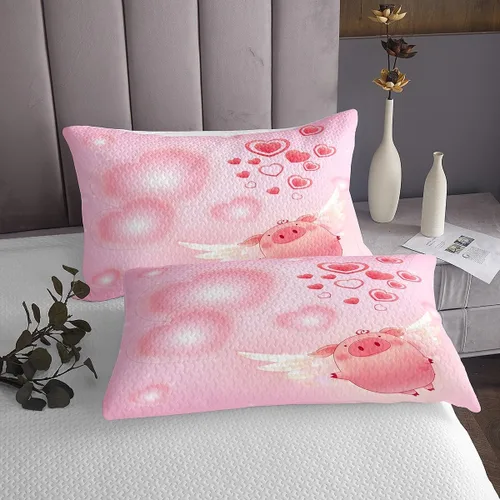 Vista 3 de Manfei Juego de colcha de cerdo rosa para niños, tamaño individual, bonito juego de 2 piezas para decoración de habitación de niñas y adolescentes