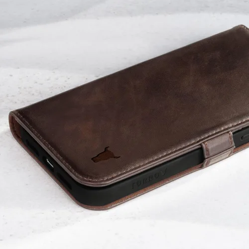 Vista 6 de TORRO Funda de piel compatible con iPhone 14 Pro – Funda tipo cartera de piel auténtica con tarjetero y función de soporte (marrón oscuro)
