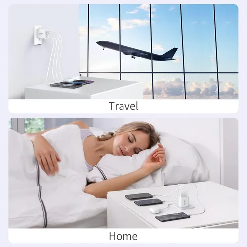 Vista 6 de Bloque de cargador USB C de 45 W, paquete de 2 cargadores de pared plegables, cargador de 3 puertos tipo C, bloque de carga rápida multipuerto