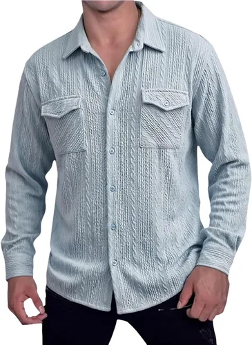 Vista 8 de Camisas con botones para hombre, casual, de manga larga, con cuello jacquard, texturizada, ligera, sobrecamisa, sobrecamisa