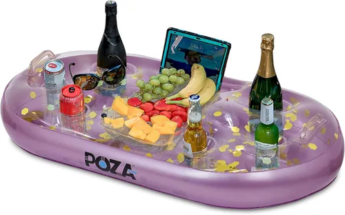Vista 10 de POZA Hielera flotante inflable dorada – Lujoso soporte para bebidas relleno de confeti brillante, flotador de fiesta premium con 8 soportes, barra