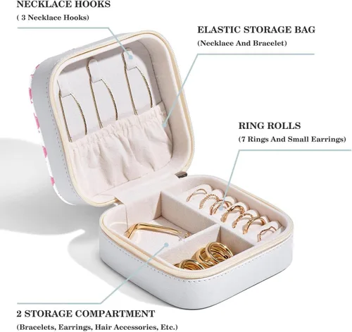 Vista 4 de JAVENPROEQT Joyero pequeño de viaje para mujeres y niñas, bonito diseño de cerdo rosa mini organizador de joyas para collares, aretes de tuerca