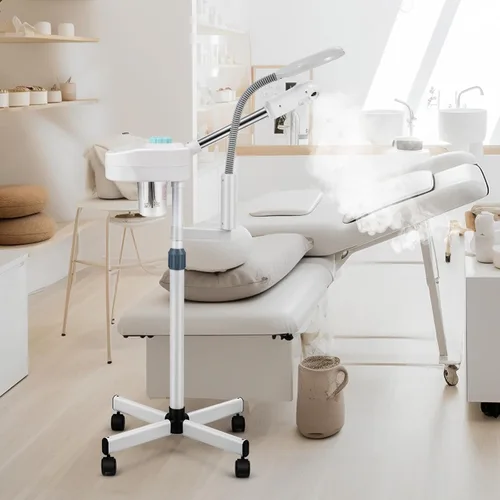 Vista 2 de Fitnessclub 2 en 1 vapor facial 5x LED lámpara de aumento caliente ozono salón de belleza equipo facial para hidratación, blanco