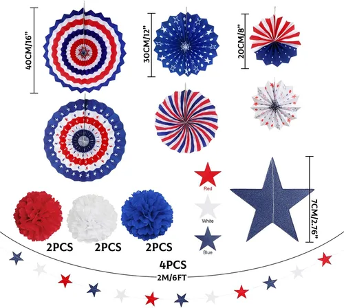 Vista 2 de MOVINPE Juego de decoraciones patrióticas para fiestas del 4 de julio, abanicos de papel para colgar con la bandera estadounidense, bolas de flores