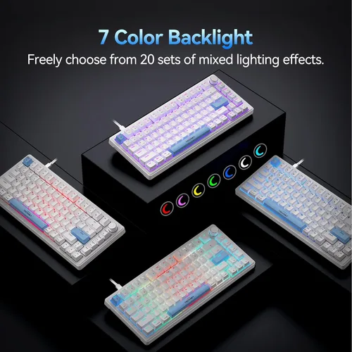 Vista 2 de TECKNET Teclado para juegos con cable, retroiluminación RGB 65% teclados con estructura de junta, teclado mecánico USB C tiene 20 efectos