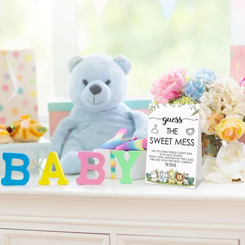 Vista 6 de Juego de 67 piezas de pañales sucios de Guess The Sweet Mess para baby shower, incluye letrero de Adivina el dulce lío, 50 tarjetas pequeñas, 10