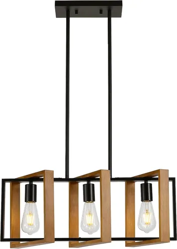 Vista 12 de 9MMML Lámpara de 3 luces para isla de cocina, lámpara de comedor negra, con marco de madera, para sala de estar, vestíbulo, entrada, pasillo, E26