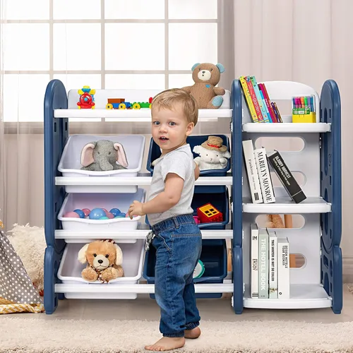 Vista 2 de HONEY JOY Organizador de almacenamiento de juguetes para niños de 4 niveles con 6 contenedores, unidad de almacenamiento de juguetes 2 en 1