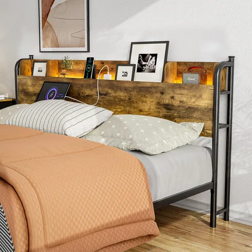 Vista 4 de IKIFLY Base de cama tamaño King con cabecera de estante de almacenamiento y Marrón rústico