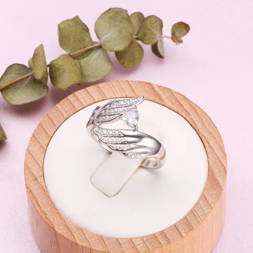 Vista 5 de Anillo de plata de ley 925 con alas de ángel y circonita cúbica gran pluma joyería para mujer