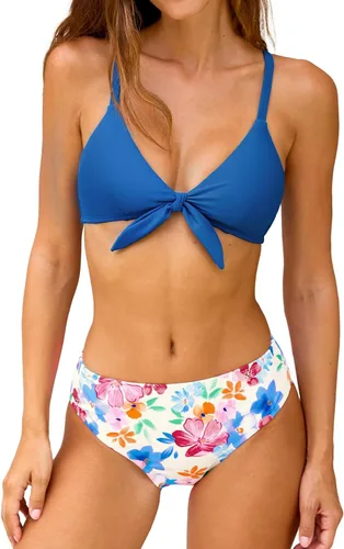 Vista 12 de CUPSHE Conjunto de bikini de dos piezas con cuello en V para mujer Beige/Magenta Floral