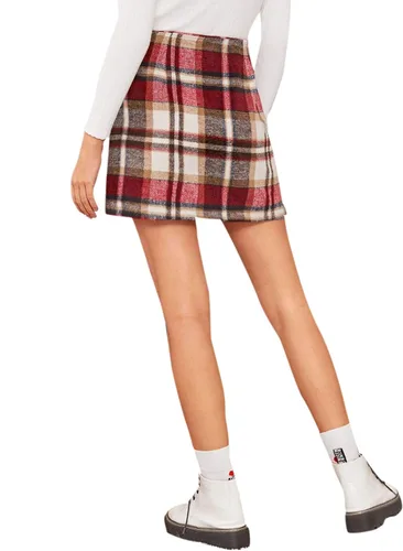 Vista 2 de MakeMeChic Falda a cuadros para mujer, de cintura alta, mini falda lápiz