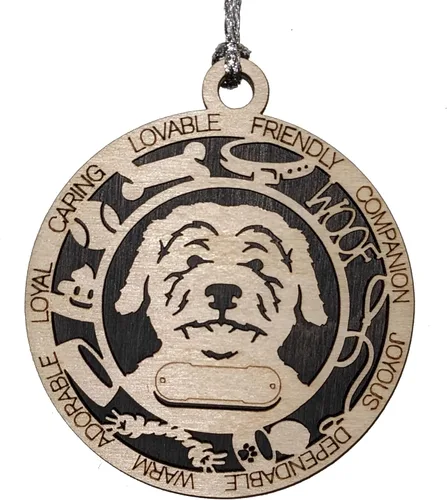 Vista 65 de Adorno de Navidad personalizado para perro Cavalier King Charles Spaniel, redondo de 3 pulgadas, madera cortada con láser de 2 capas, nombre y texto