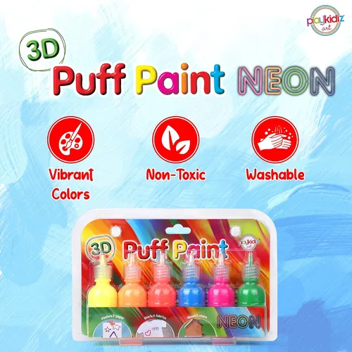 Vista 2 de Pintura de soplo, paquete de 6 pinturas para tela 3D, colores neón, permanente, no tóxica y lavable, juego de pintura para niños a partir de 3 años