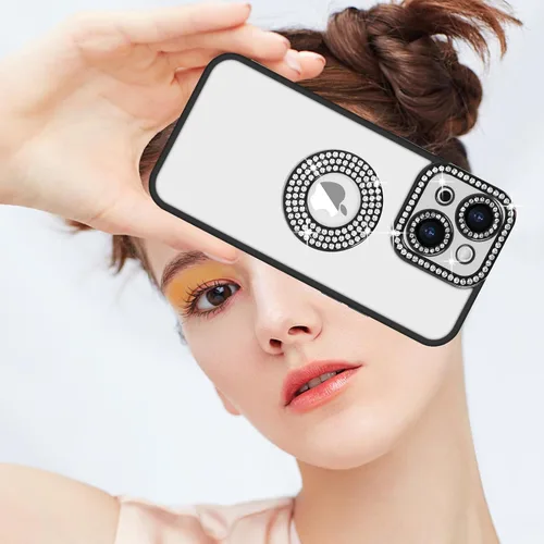 Vista 5 de Losin Funda compatible con iPhone 15 con purpurina y vista del logotipo para mujeres y niñas, bonita funda de lujo con diamantes de imitación, funda