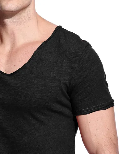 Vista 4 de Camisetas con cuello en V para hombre, cuello redondo, manga corta, ajustadas, básicas, camiseta casual